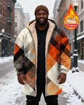 Big & Tall Men's Orange Plaid Printed Velvet Padded Long Hooded Coat